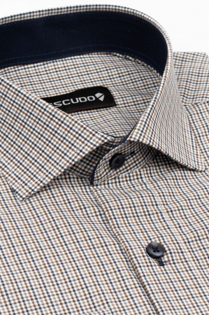 DUNGI SI CAROURI - Camasa regular fit alba cu carouri bleumarin si maro