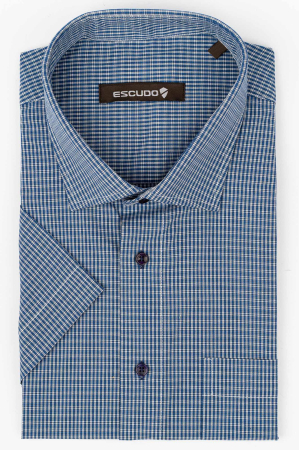 DUNGI SI CAROURI - Camasa regular fit maneca scurta bleumarin cu carouri albe 2XL