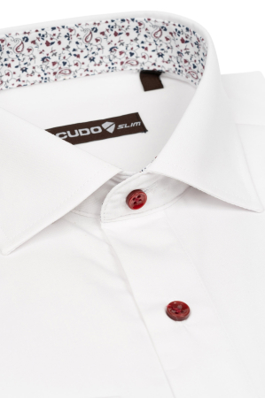 CAMASI CLASICE - Camasa slim alba cu insertii florale si nasturi visinii