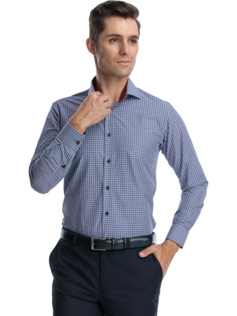 CAMASI CU DUNGI SI CAROURI - Camasa slim fit bleumarin cu carouri bordo