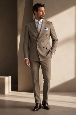 COSTUME SLIM FIT CLASICE - Costum barbati slim fit bej cu dungi bleu si doua randuri de nasturi
