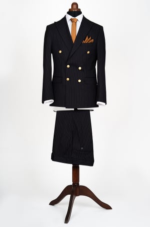 COSTUME SLIM FIT CLASICE - Costum barbati slim fit bleumarin cu dungi maro si doua randuri de nasturi