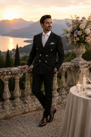 COSTUME SLIM FIT CLASICE - Costum barbati slim fit negru cu dungi albe si doua randuri de nasturi