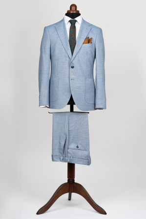 Costum barbati slim fit bleu-pepit cu buzunare aplicate