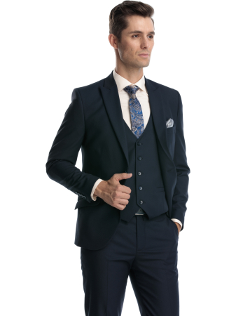 Costum slim fit cu vesta bleumarin [2]