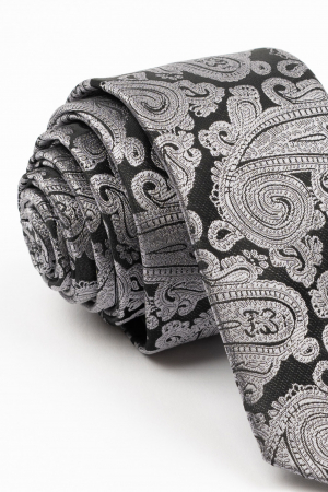 Cravata ingusta neagra cu model paisley gri