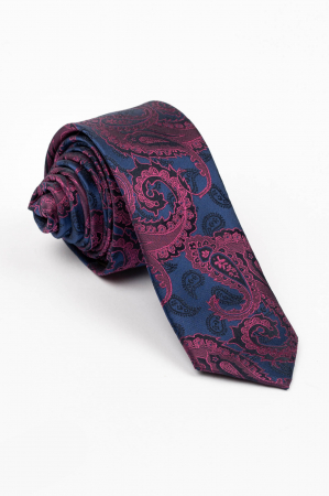 Cravata ingusta bleumarin cu imprimeu paisley negru si roz [0]