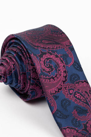 Cravata ingusta bleumarin cu imprimeu paisley negru si roz [1]
