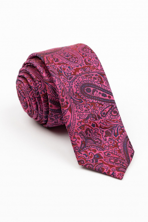 CRAVATE - Cravata ingusta fucsia cu model floral rosu si bleumarin