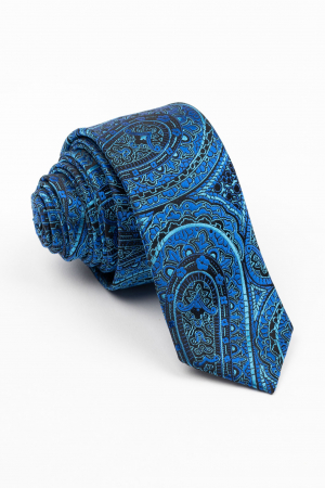 CRAVATE - Cravata ingusta neagra cu model paisley bleu si albastru