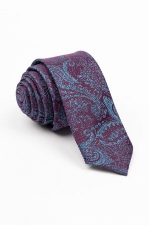 ACCESORII - Cravata ingusta mov cu model paisley albastru-sidefat