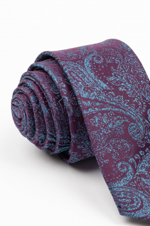 ACCESORII - Cravata ingusta mov cu model paisley albastru-sidefat