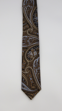 CRAVATE - Cravată îngustă maro închis cu model paisley ocru auriu și albastru gheață