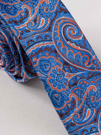 Cravata ingusta model floral albastru cu portocaliu [1]