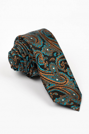 Cravata ingusta neagra cu imprimeu paisley maro si turcoaz [0]