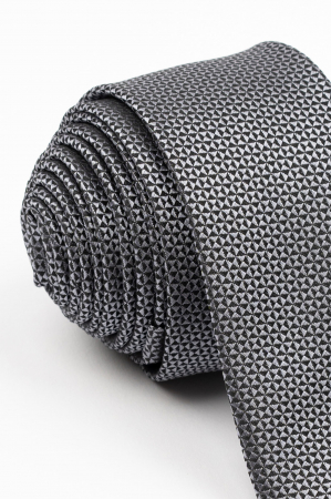 Cravata ingusta neagra cu insertie geometrica gri