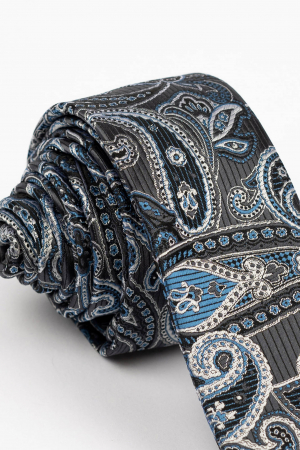 Cravata ingusta neagra cu model floral albastru si argintiu