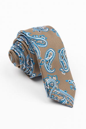 CRAVATE - Cravata ingusta maro cu model paisley alb si albastru