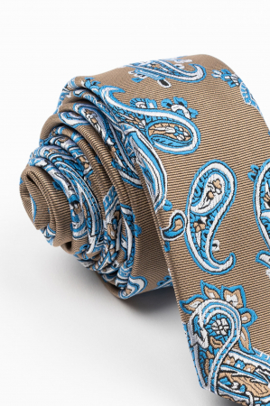 CRAVATE - Cravata ingusta maro cu model paisley alb si albastru