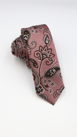 ACCESORII - Cravată îngustă roz prăfuit cu model paisley floral în maro ciocolată și alb