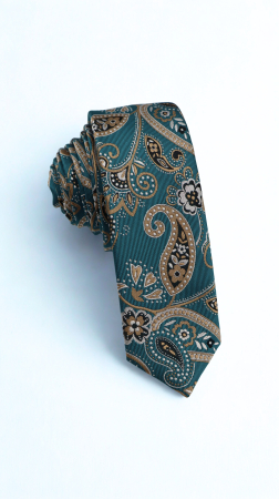 ACCESORII - Cravata ingusta turcoaz cu paisley maro și gri-argintiu