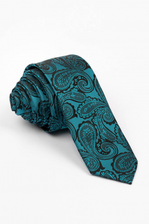 Cravata ingusta turcoaz cu model paisley negru