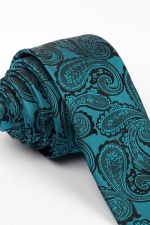 Cravata ingusta turcoaz cu model paisley negru