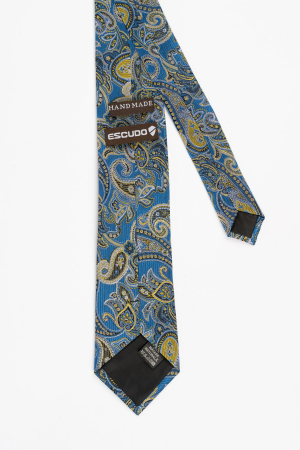 Cravata matase albastra cu imprimeu paisley galben