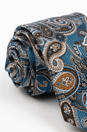ACCESORII - Cravata matase naturala navy cu imprimeu paisley alb si maro