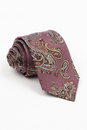ACCESORII - Cravata matase naturala roz-pepit cu imprimeu paisley alb si maro