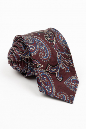 ACCESORII - Cravata matase naturala grena cu imprimeu floral alb si albastru