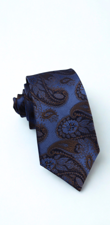 ACCESORII - Cravată mătase naturală albastru royal cu motive  paisley cognac și maro închis