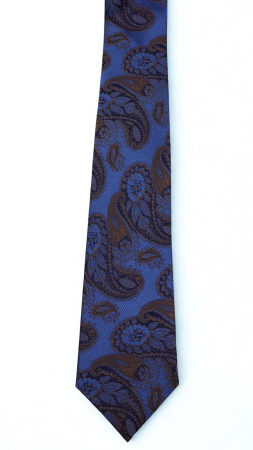 ACCESORII - Cravată mătase naturală albastru royal cu motive  paisley cognac și maro închis