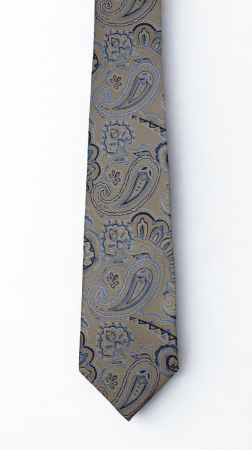 ACCESORII - Cravată mătase naturală bej auriu cu model paisley bleu deschis și navy