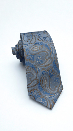 ACCESORII - Cravată mătase naturală bleu cu motiv paisley albastru-alb-auriu
