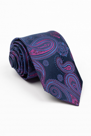 ACCESORII - Cravata matase naturala navy cu imprimeu paisley albastru si fucsia