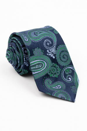 ACCESORII - Cravata matase naturala navy cu imprimeu paisley verde si bleu