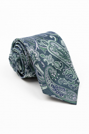 CRAVATE - Cravata matase naturala bleumarin cu insertie si imprimeu paisley alb si verde