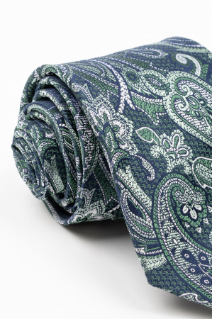 CRAVATE - Cravata matase naturala bleumarin cu insertie si imprimeu paisley alb si verde