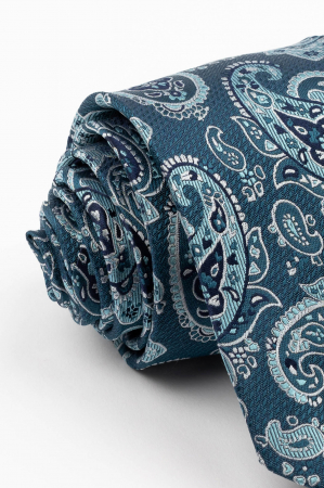 Cravata matase naturala albastra cu imprimeu paisley alb, bleu si bleumarin