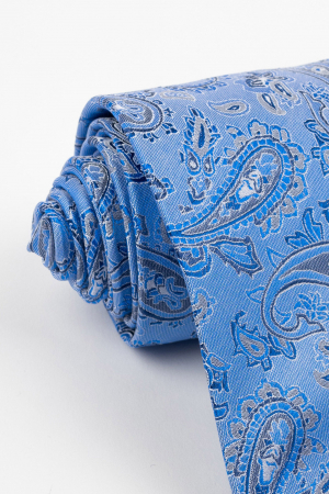 ACCESORII - Cravata matase naturala bleu cu imprimeu argintiu, albastru si bleumarin