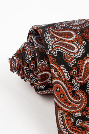 Cravata matase naturala neagra cu imprimeu paisley maro  si caramiziu