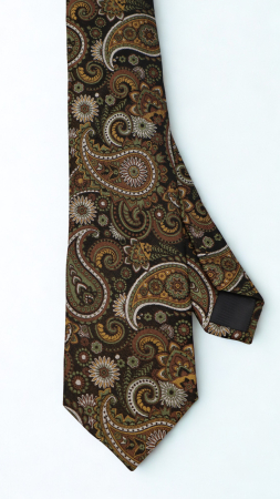 ACCESORII - Cravată mătase naturală maro închis cu model paisley verde, auriu și alb