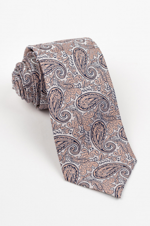 ACCESORII - Cravata matase naturala ivoire cu imprimeu paisley roz-piersica si navy
