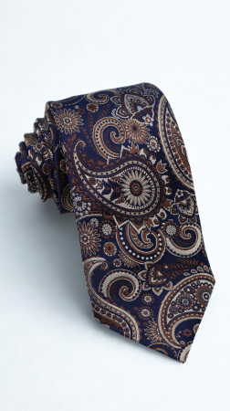 ACCESORII - Cravată mătase naturală navy cu model paisley cognac, maro și bej
