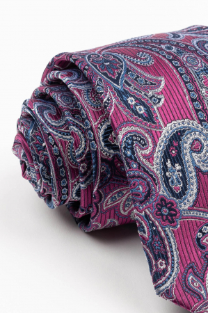 CRAVATE - Cravata matase naturala fucsia cu imprimeu paisley alb si albastru