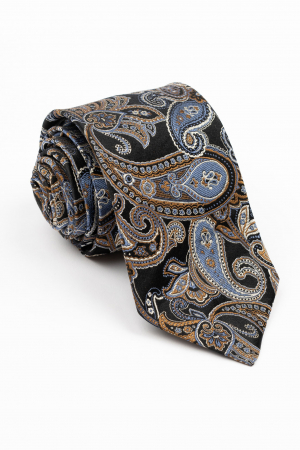 ACCESORII - Cravata matase naturala neagra cu imprimeu paisley alb, maro si albastru