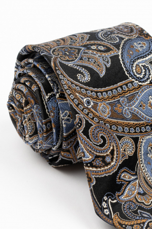 ACCESORII - Cravata matase naturala neagra cu imprimeu paisley alb, maro si albastru