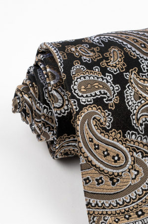 ACCESORII - Cravata matase naturala neagra cu imprimeu cappuccino si argintiu