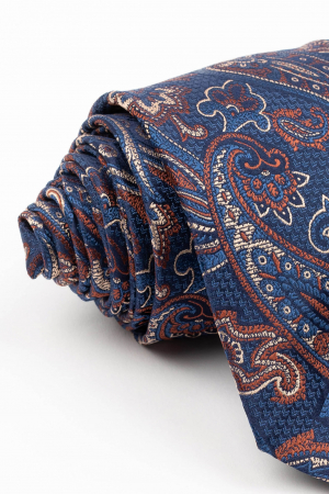 ACCESORII - Cravata matase naturala navy-pepit cu imprimeu paisley bej si maro